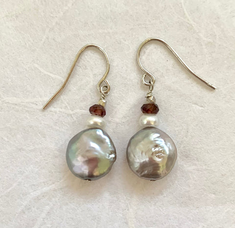 Luna Earrings - Silver (pearl & garnet)